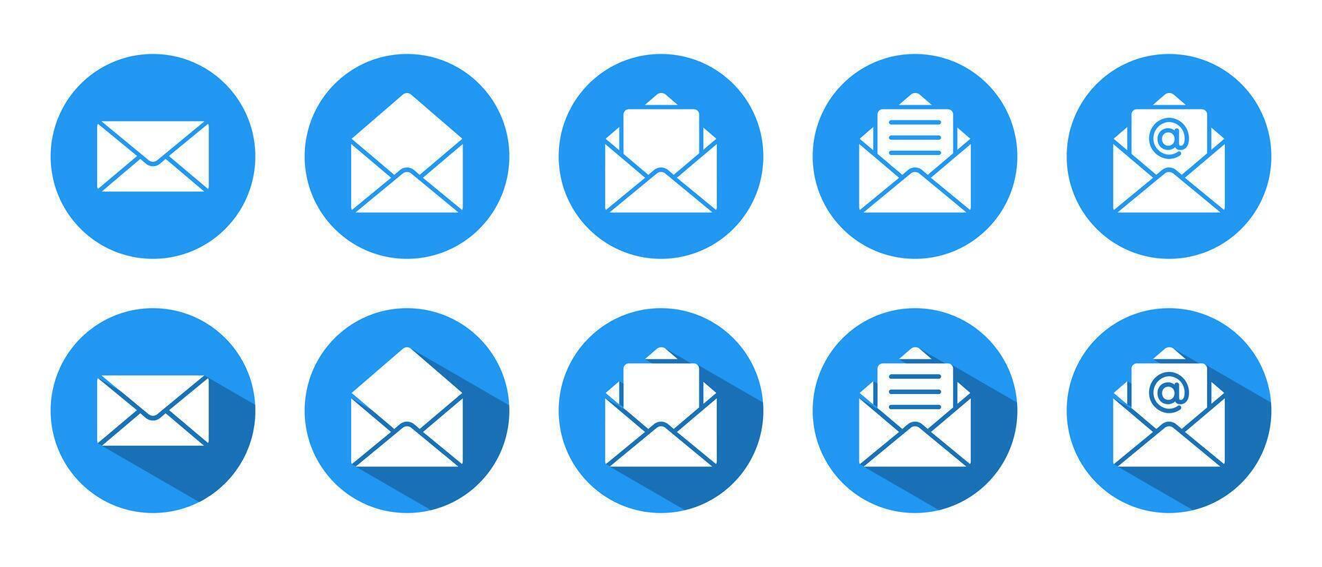 Email envelope icon set with long shadow. Close, open mail, incoming letter, text message, and inbox with mention symbol vector