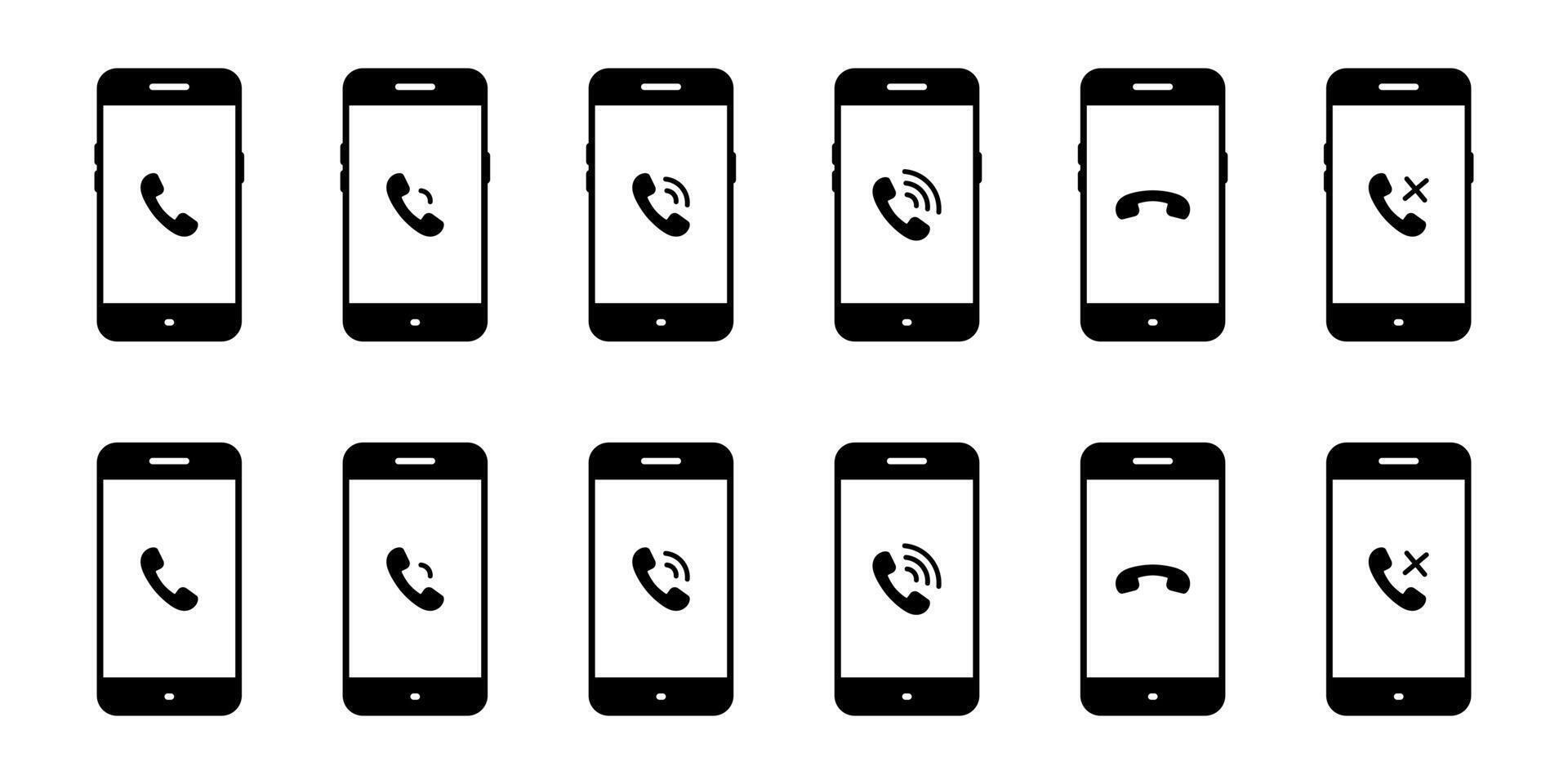 Telephone communication on smartphone screen icon set collection. Phone call status with ringing, connect, and hang up symbol vector