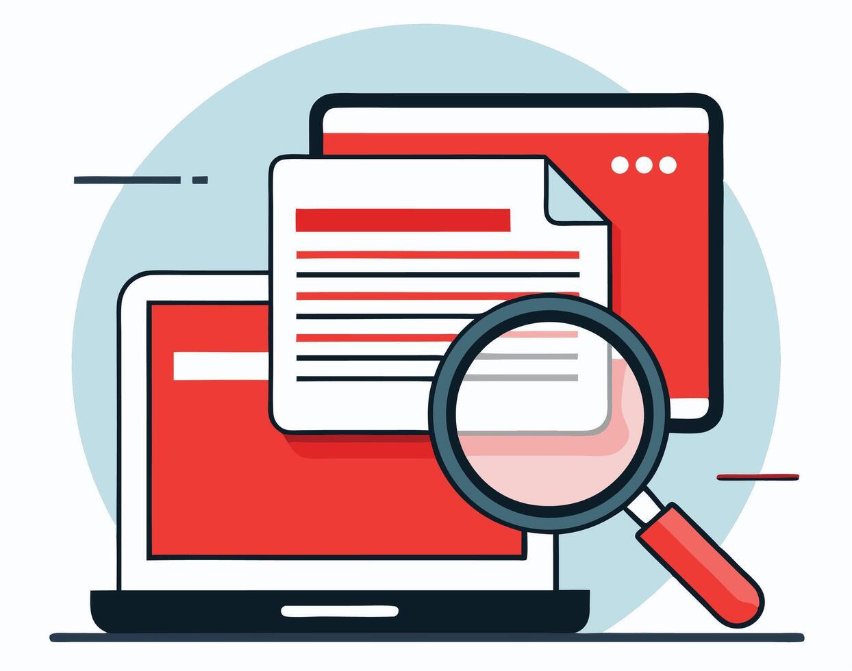 Magnifying glass focuses on document overlaying laptop and second window all set on pale background vector
