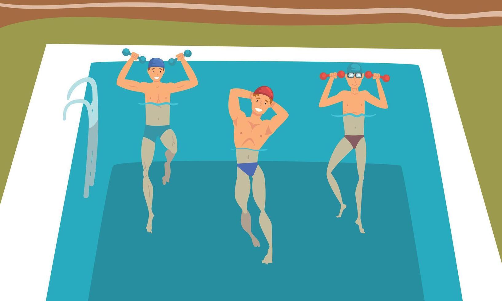 Young Man with Dumbbells in Swimming Pool Doing Physical Exercise Set vector