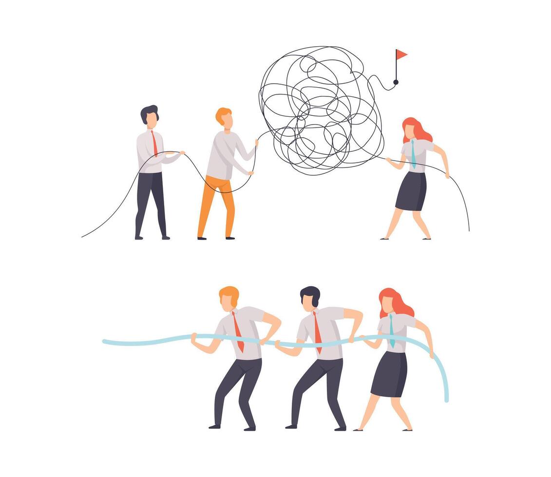 Office Colleague Working Together Solving Tangle and Pulling Rope Set vector
