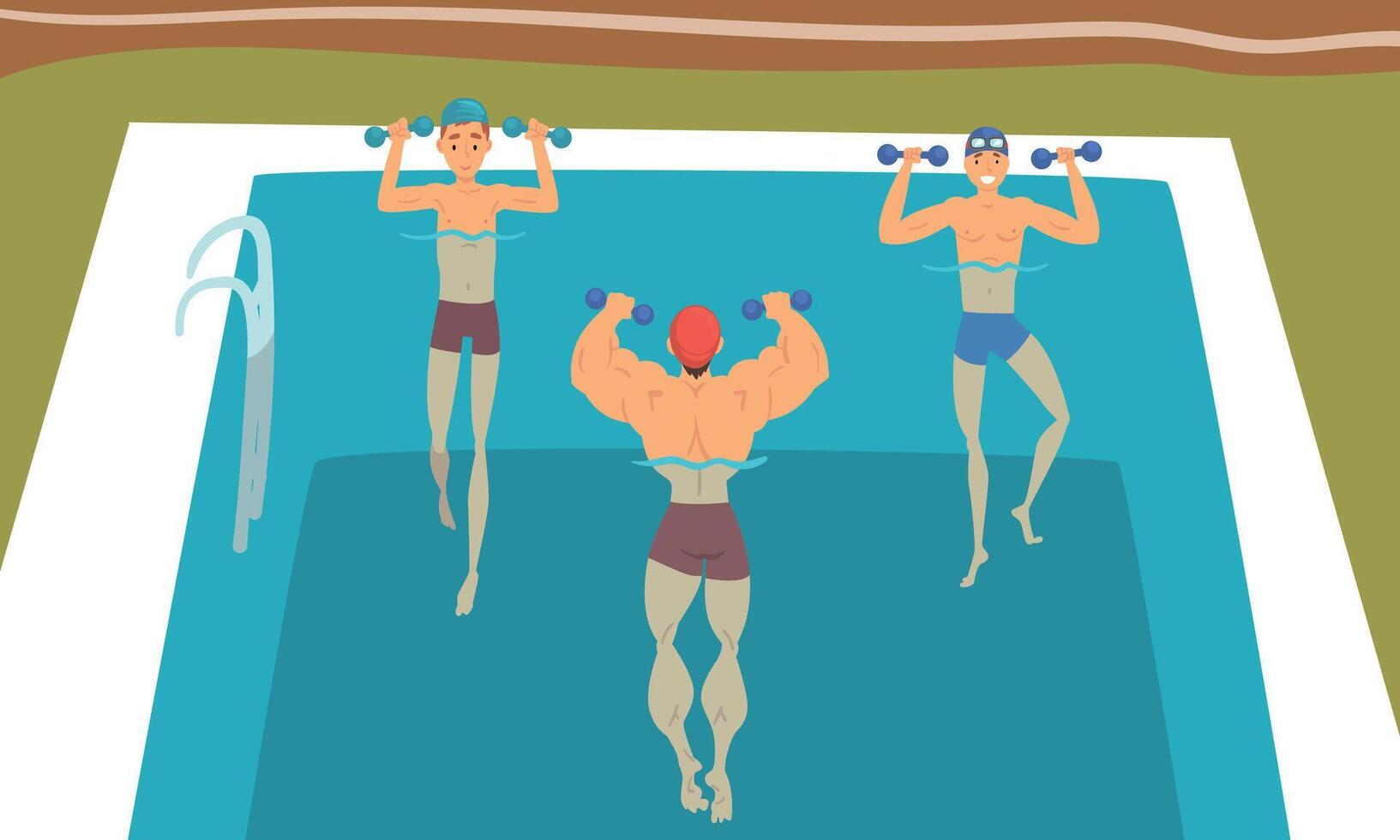 Young Man and Boy with Dumbbells in Swimming Pool Doing Physical Exercise Set vector