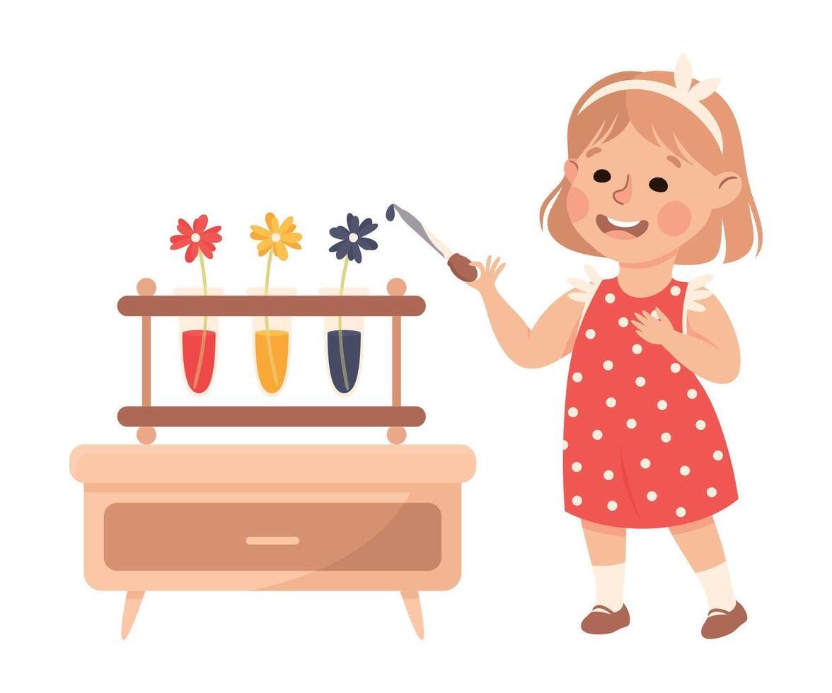 Little Girl Working on Physics Science Experiment with Flower in Flask Illustration vector