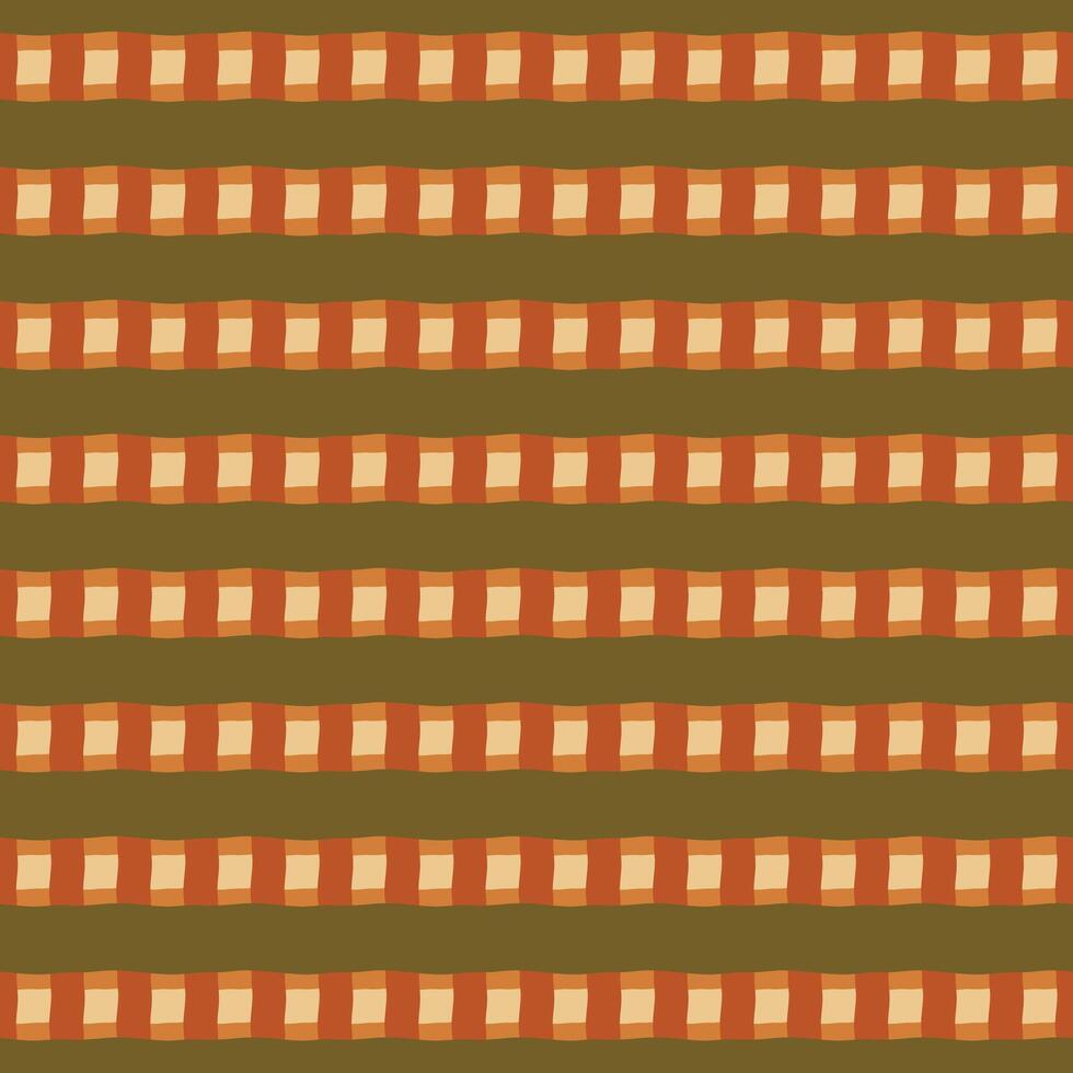 Abstract geometric seamless pattern. Modern minimal repeat design with hand drawn wobbly stripes and checks in warm terracotta and olive green colors. Simple retro autumn background tile. vector
