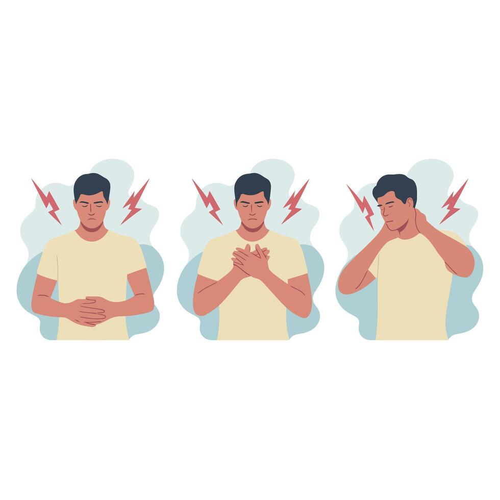 Man Experiencing Different Types of Pain Flat Illustration Set vector