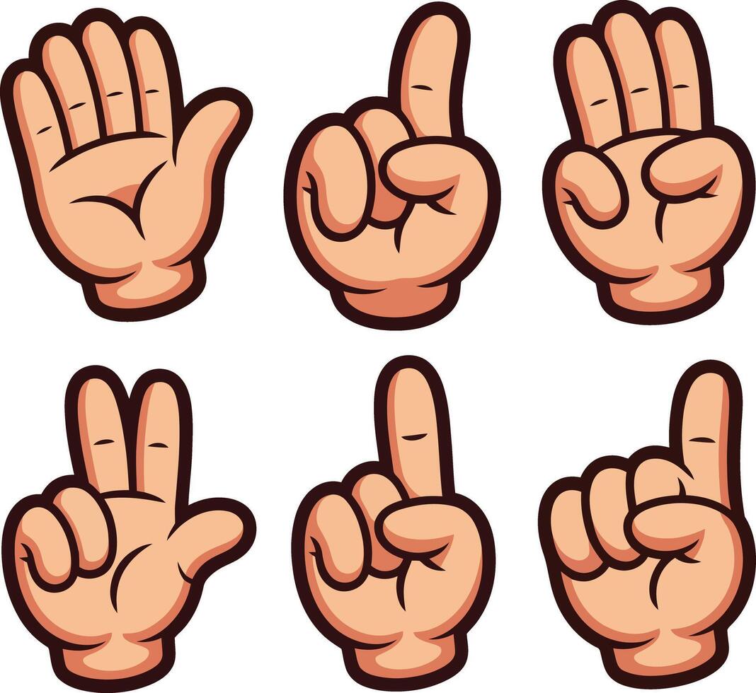 Cartoon hand gestures isolated on white background showing numbers from one to five vector