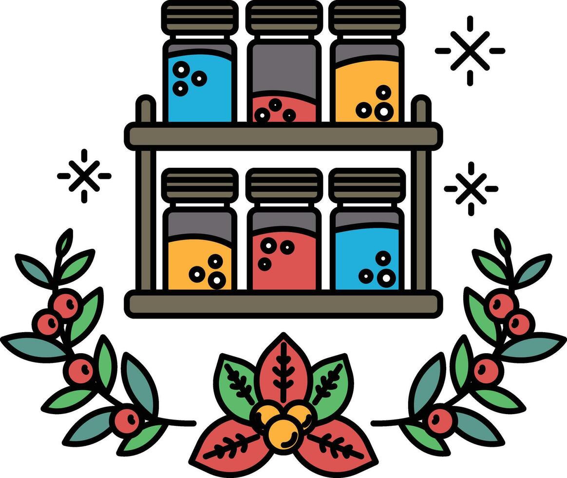 A colorful display of jars with a wreath of leaves in the background vector