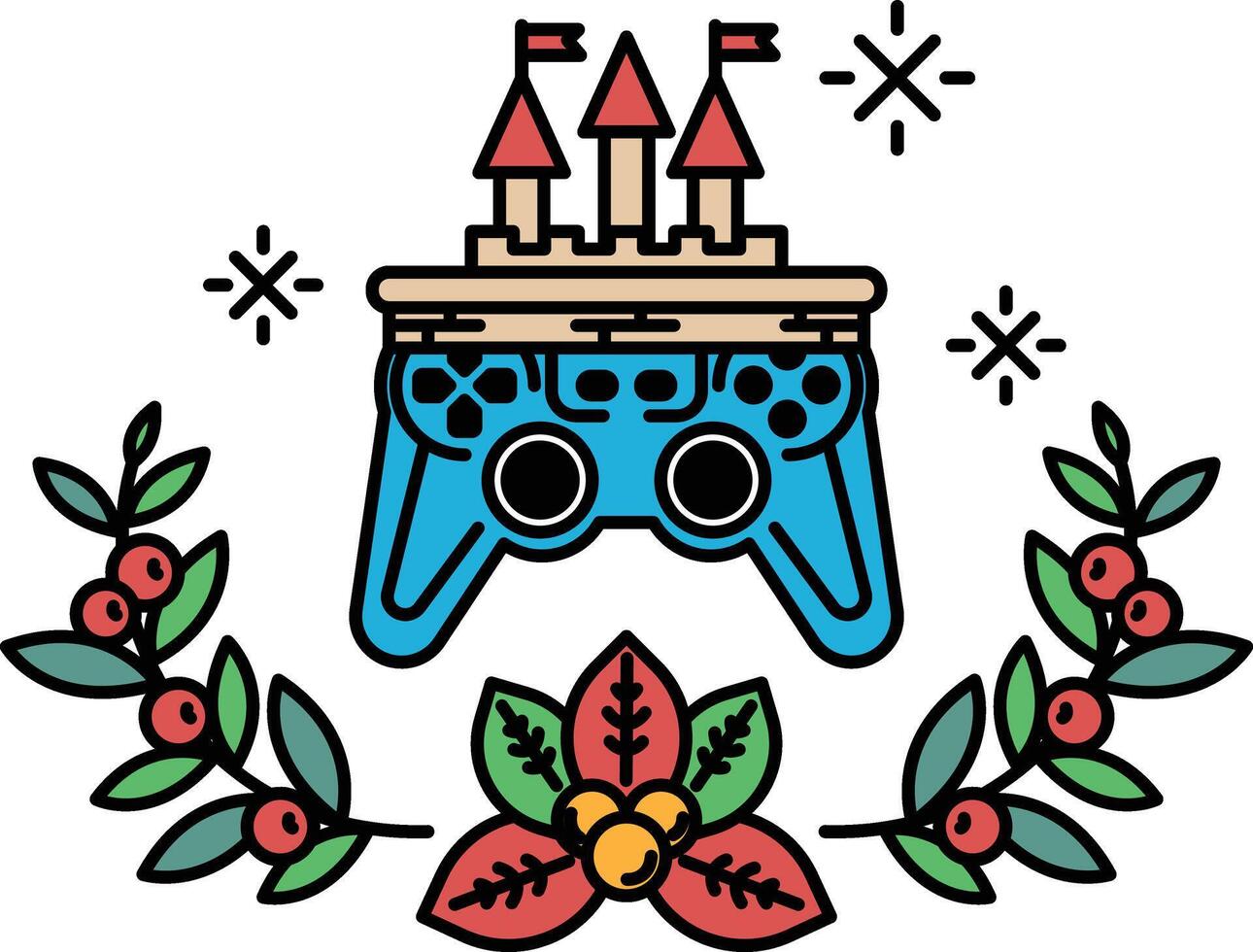 A blue game controller is on top of a castle and a leafy border vector