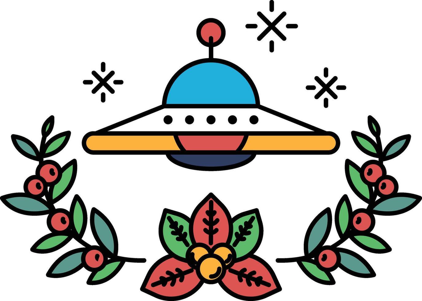 A colorful drawing of a spaceship with a flowery border vector