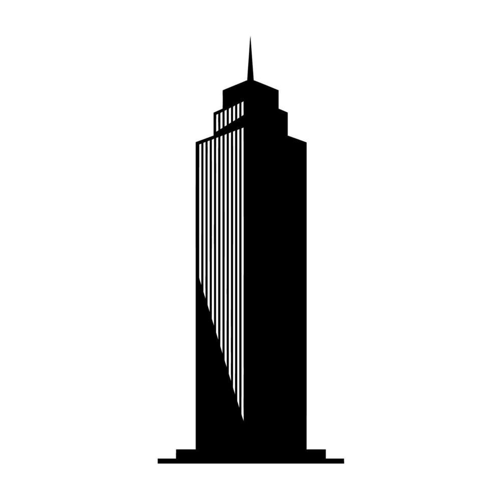 Tall skyscraper building silhouette with a pointed spire against a white background. vector