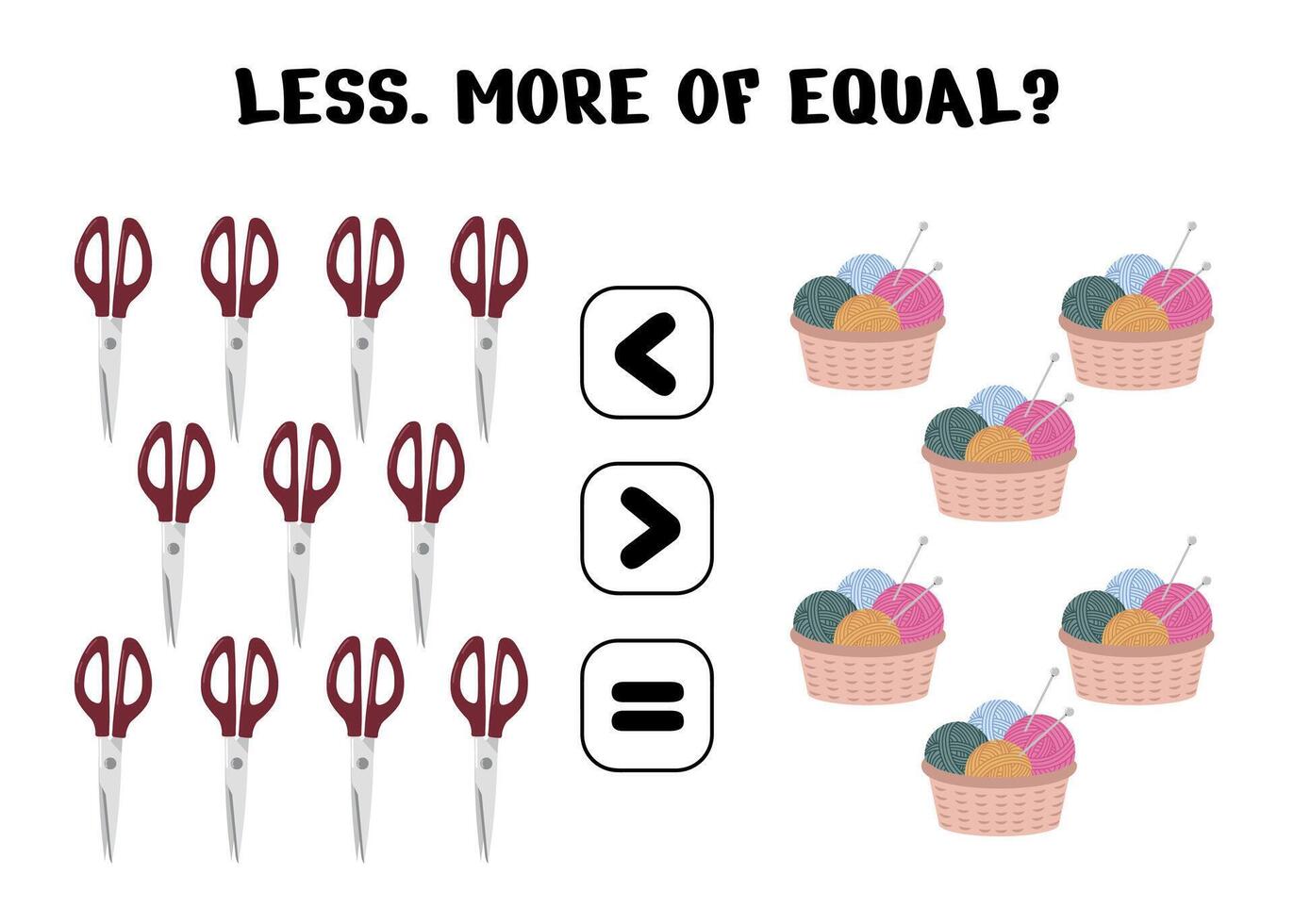 Math worksheet for kids featuring scissors and yarn baskets comparing quantities with less more and equal symbols vector