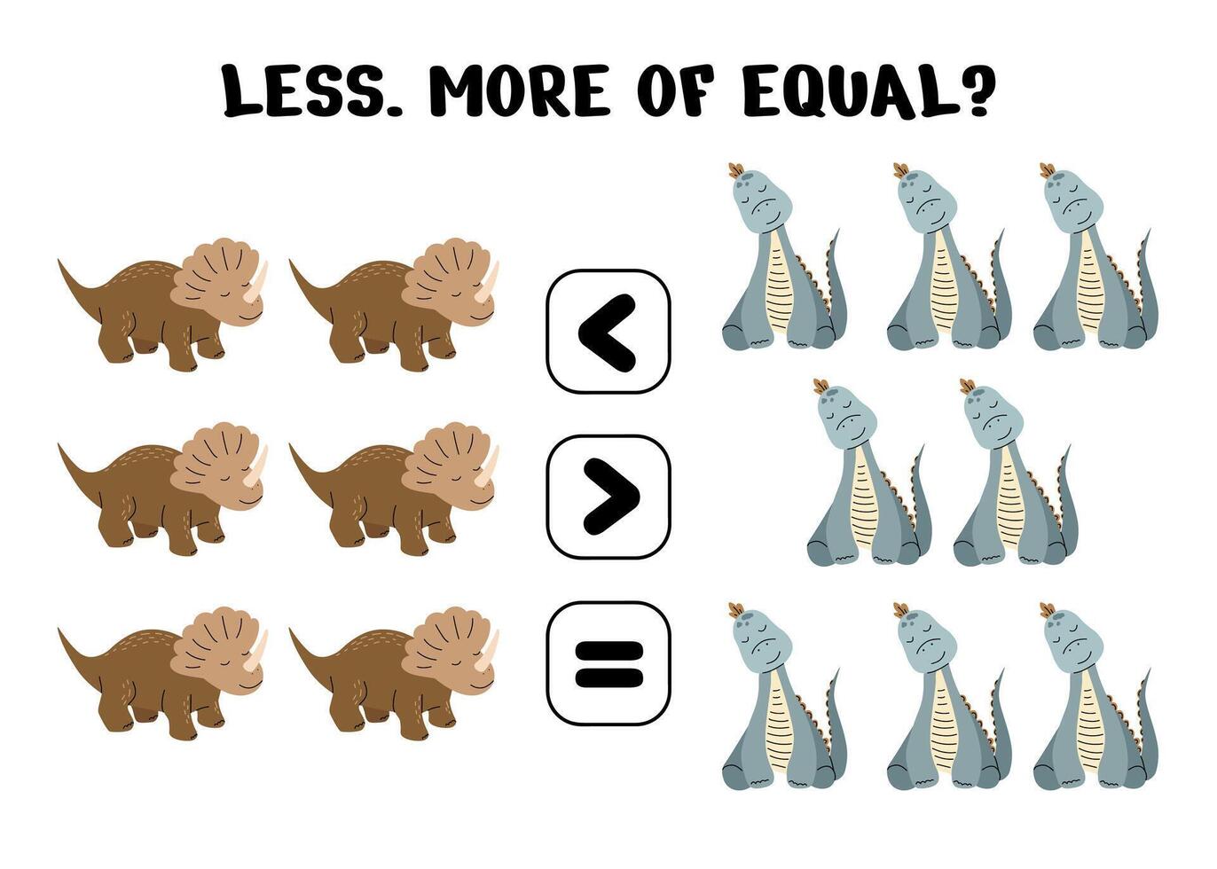 Math worksheet for kids featuring triceratops and sauropod dinosaurs comparing quantities with less more and equal symbols vector