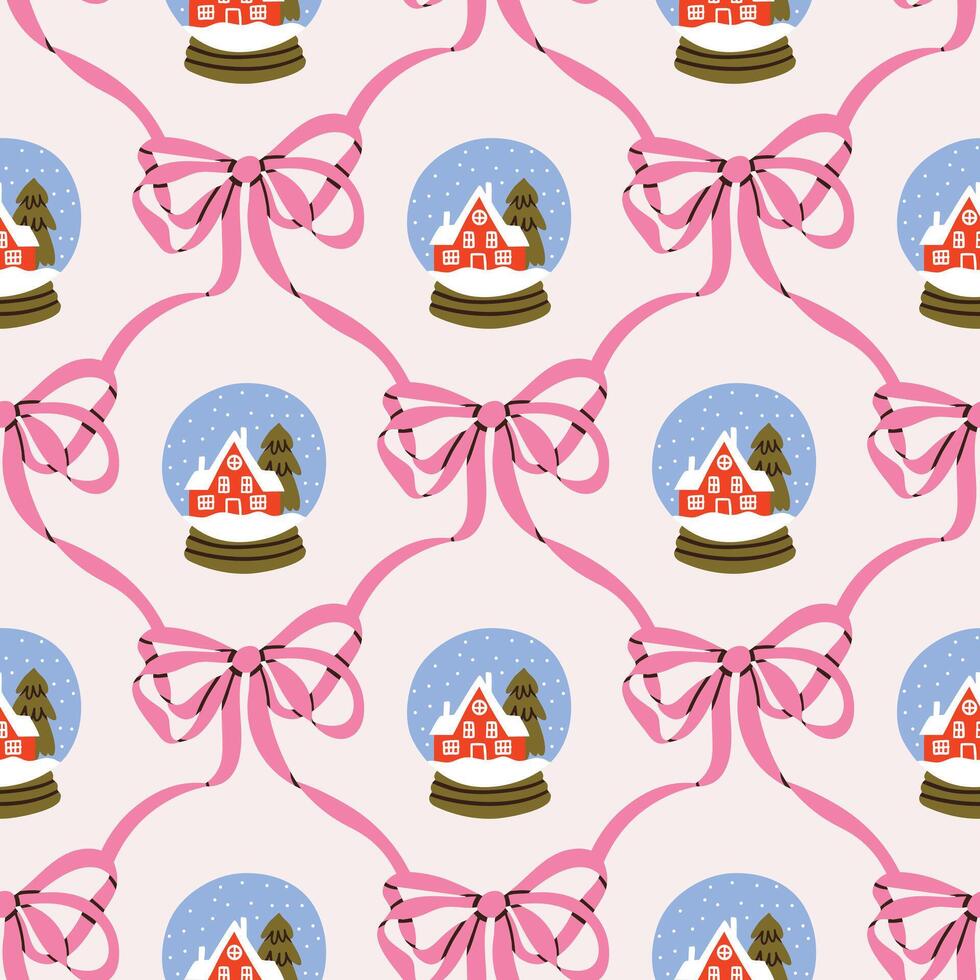 Snow globe pattern with ribbons and houses vector