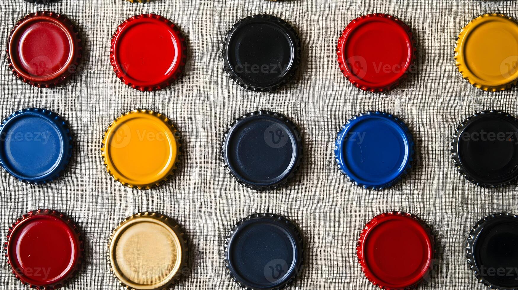 An array of multicolored metal bottle caps are arranged in a grid pattern on a textured surface above. photo
