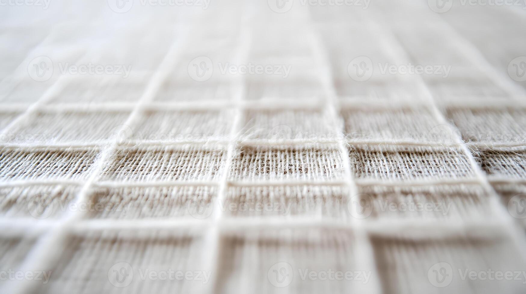 Cream colored thin fabric with a geometric grid pattern lays flat providing a soft textured background. photo
