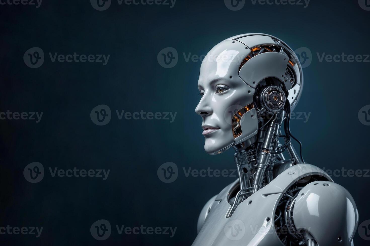 Robot on blue background. The concept of creating robot assistants photo