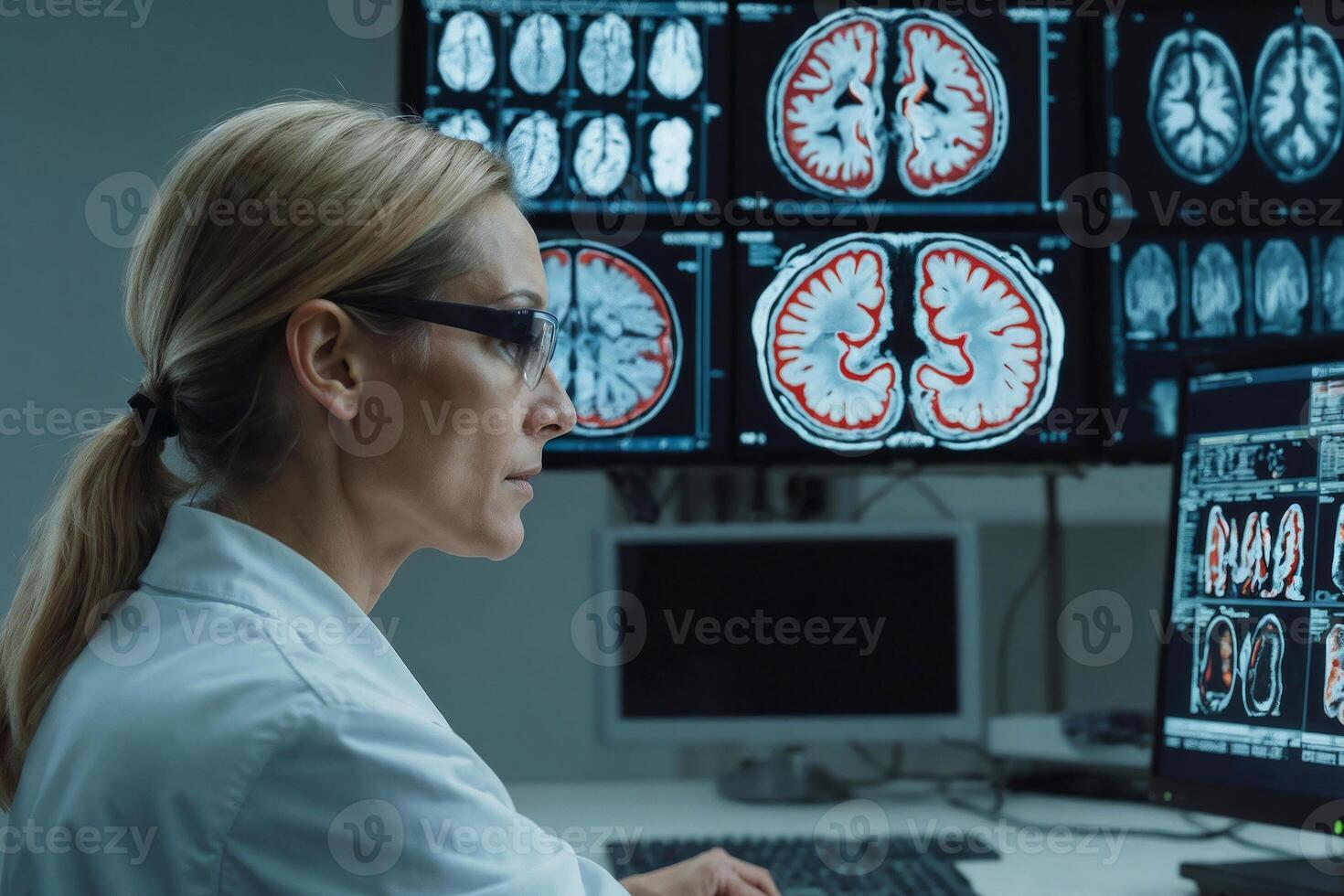 Portrait of serious woman neurologist is looking at a computer monitor displaying several brain scans. Brain research. She is wearing a lab coat and glasses photo