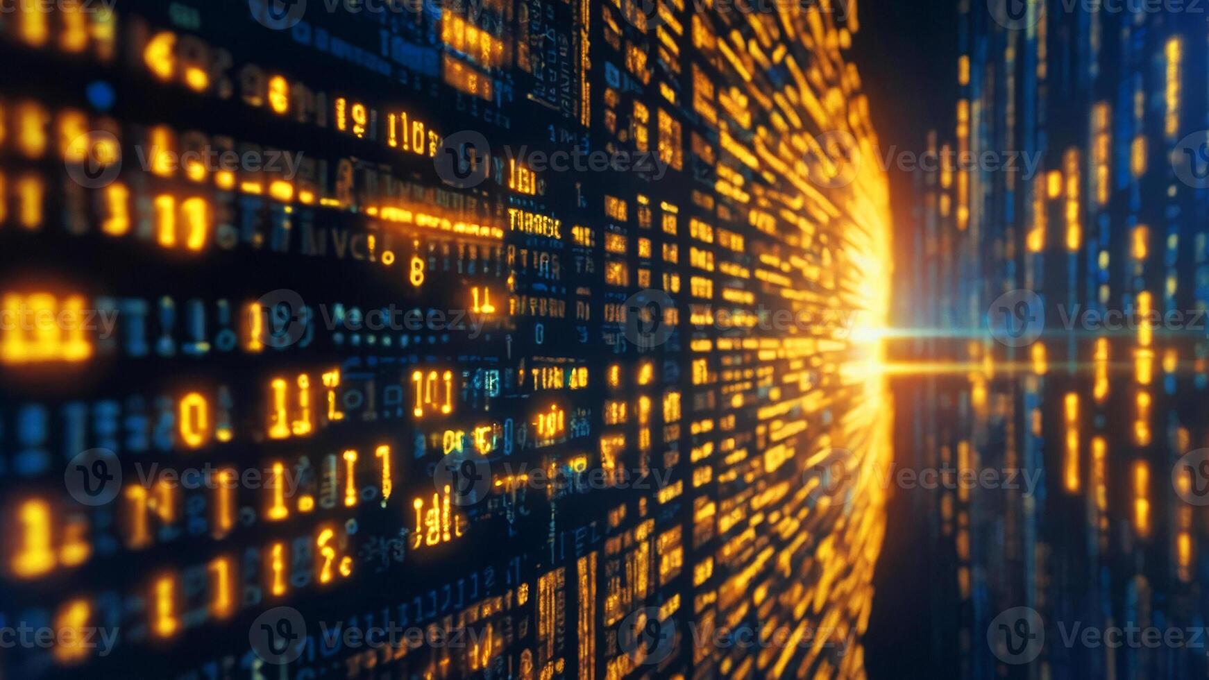 Digital blue interface with pixelated data stream, binary code, and encryption concept with glowing dots. photo