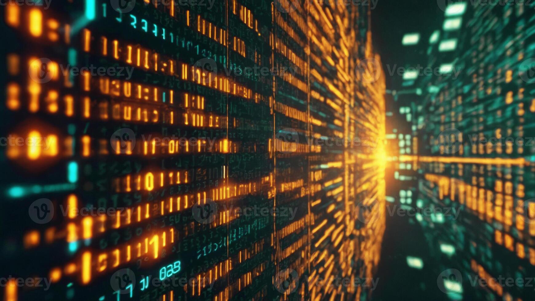 Digital blue interface with pixelated data stream binary code and encryption photo