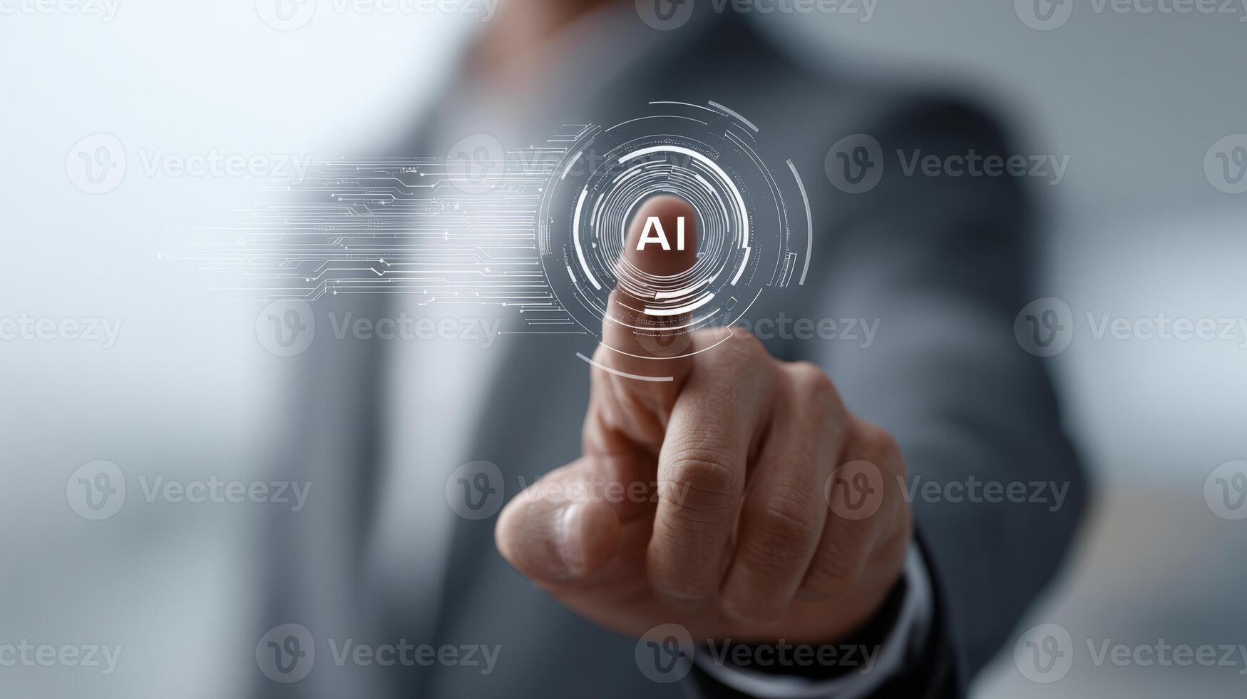 Businessman touching a virtual interface with the word 'AI' at the center of a futuristic digital display. Concept of artificial intelligence, innovation, future technology and digital transformation photo