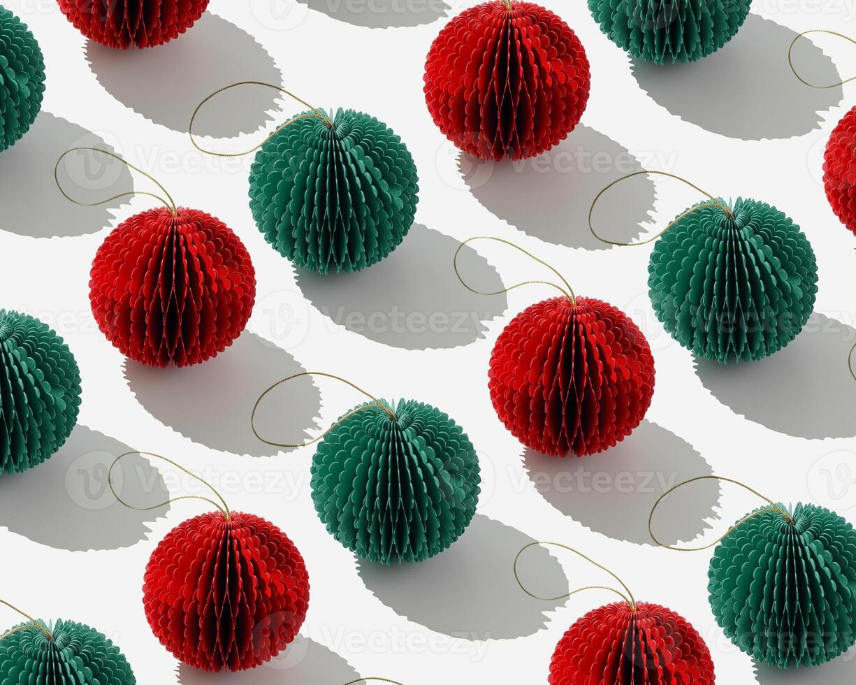 Top view of honeycomb paper Christmas ornaments in minimal trend pattern on light gray background. Red and green New Year balls with sun shadows creating vivid linear layout modern holiday themes. photo