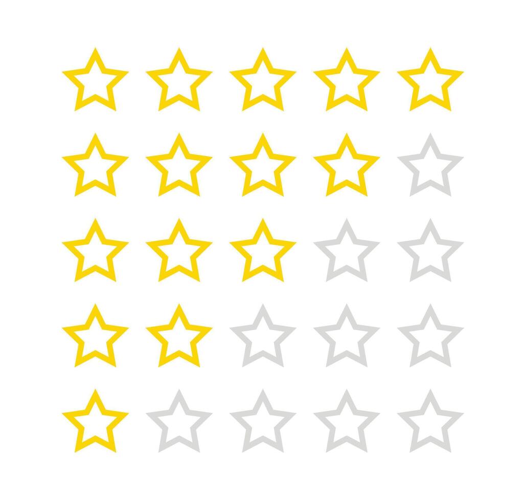 Gold Stars rating icon set, five star rating, A set of star icons arranged in a grid, featuring four rows and five columns. vector