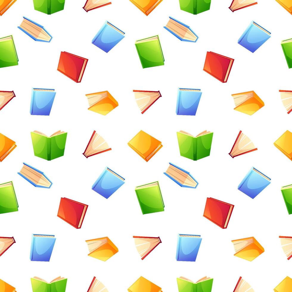 A cozy seamless pattern with books. Colorful textbooks in various positions, open and closed. Can be used on wrapping paper, fabric, or as a background for designs vector