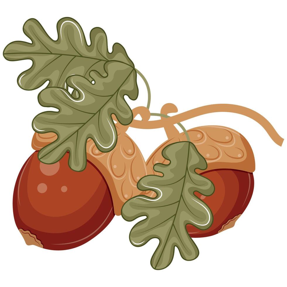 icon of an oak branch with ripe brown acorns and green leaves on it, icons for various autumn designs and patterns or stickers vector
