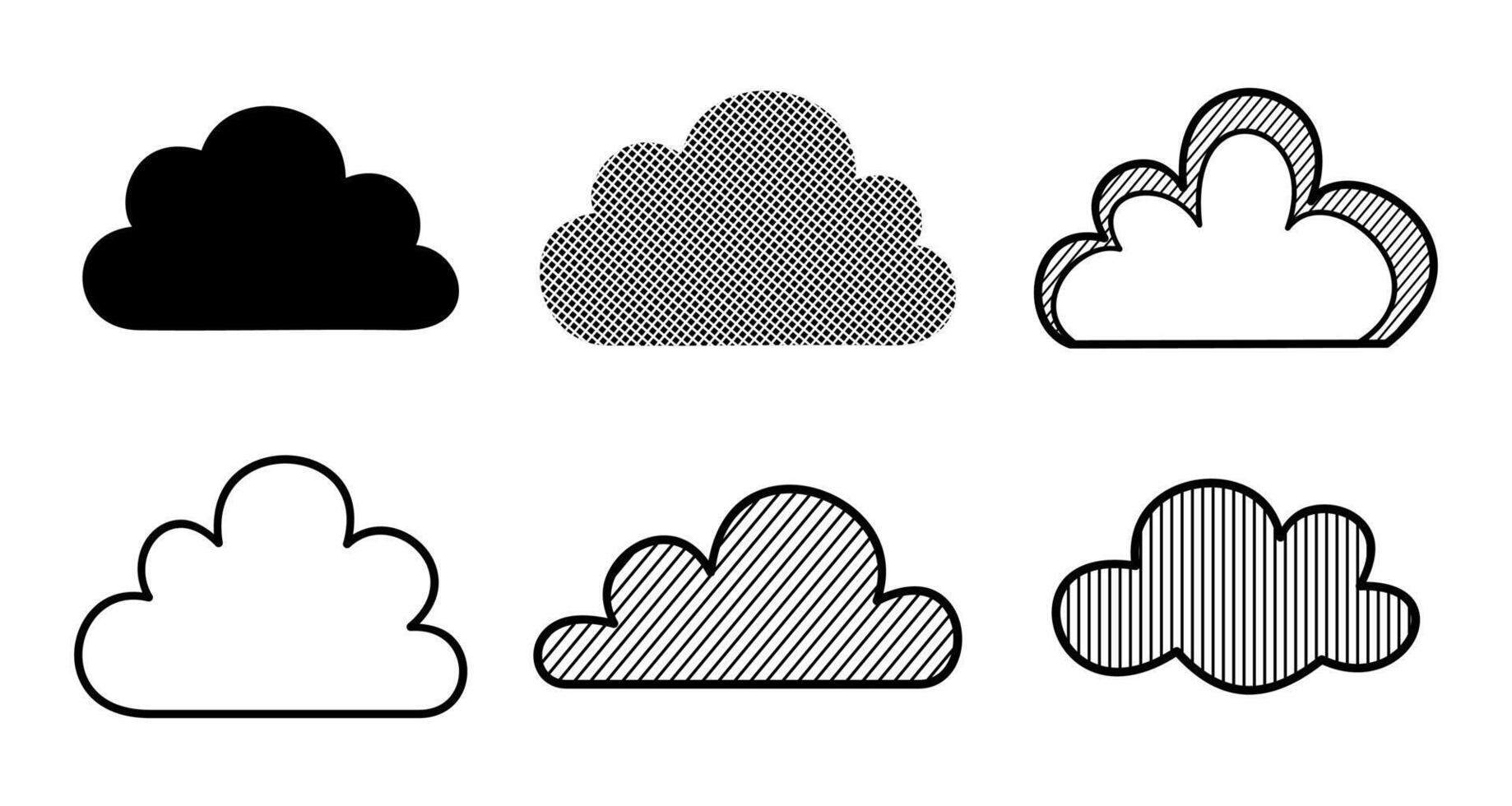 Set of stylized cloud icons, various shapes and textures with halftone and lines. vector