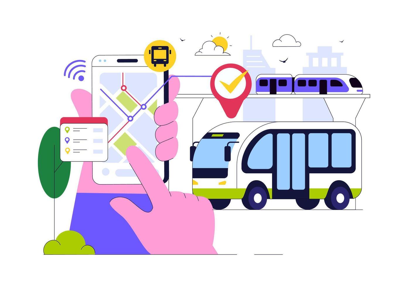 Smart Public Transit Illustration with GPS Navigation, Mobile Interface, and Cloud Computing vector