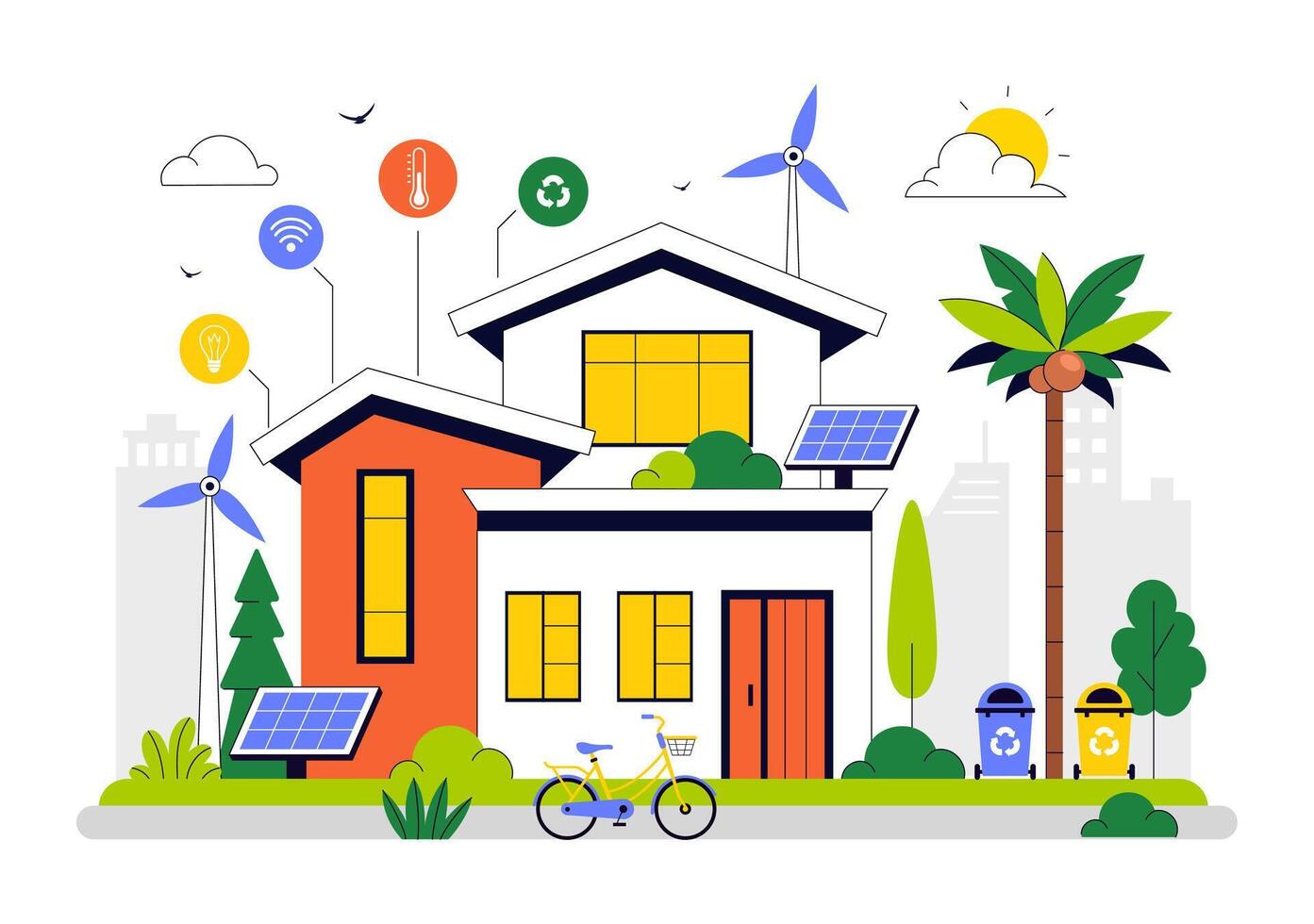 Eco Friendly Smart Home Illustration Featuring Automated House System Controlled by Smartphone vector