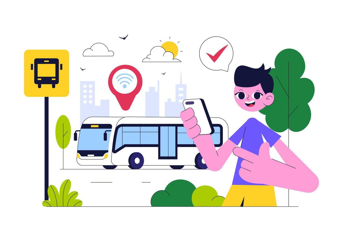 Intelligent Bus Navigation Illustration with GPS Map, Mobile Tracking, and Cloud Data vector