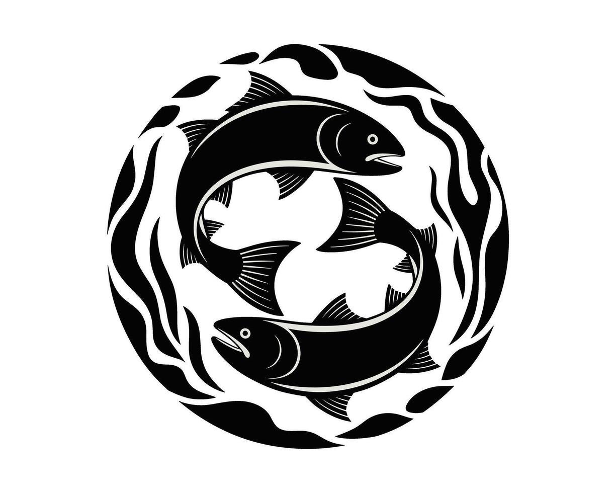 Stylized black and white circular design featuring two intertwined fish swimming in a dynamic water pattern vector