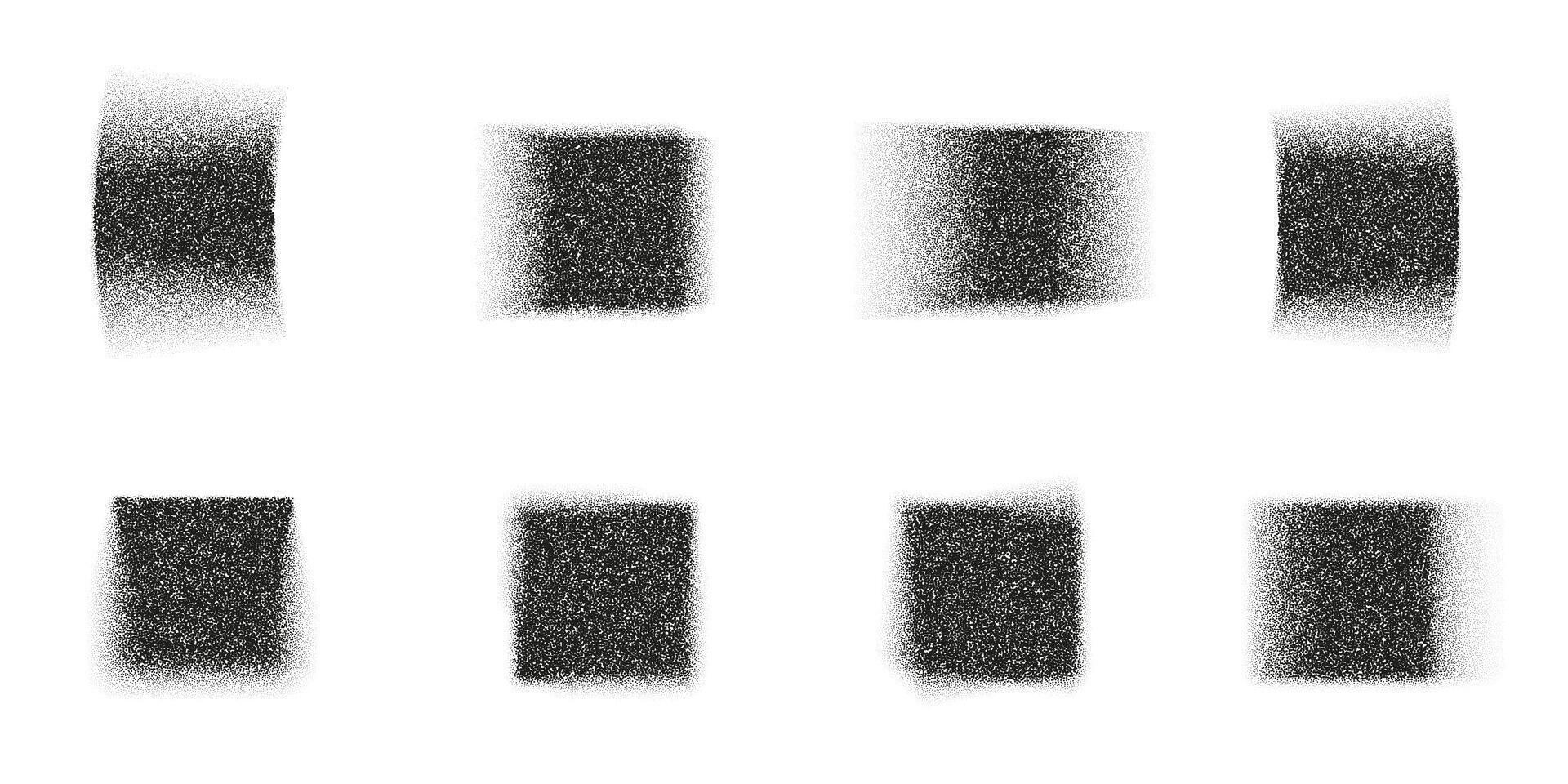 Set of noisy grain rectangle and square shapes, blurry halftone gradient texture, black and white stipple abstract dotted noise pattern, grunge geometric element for poster, cover, digital design vector