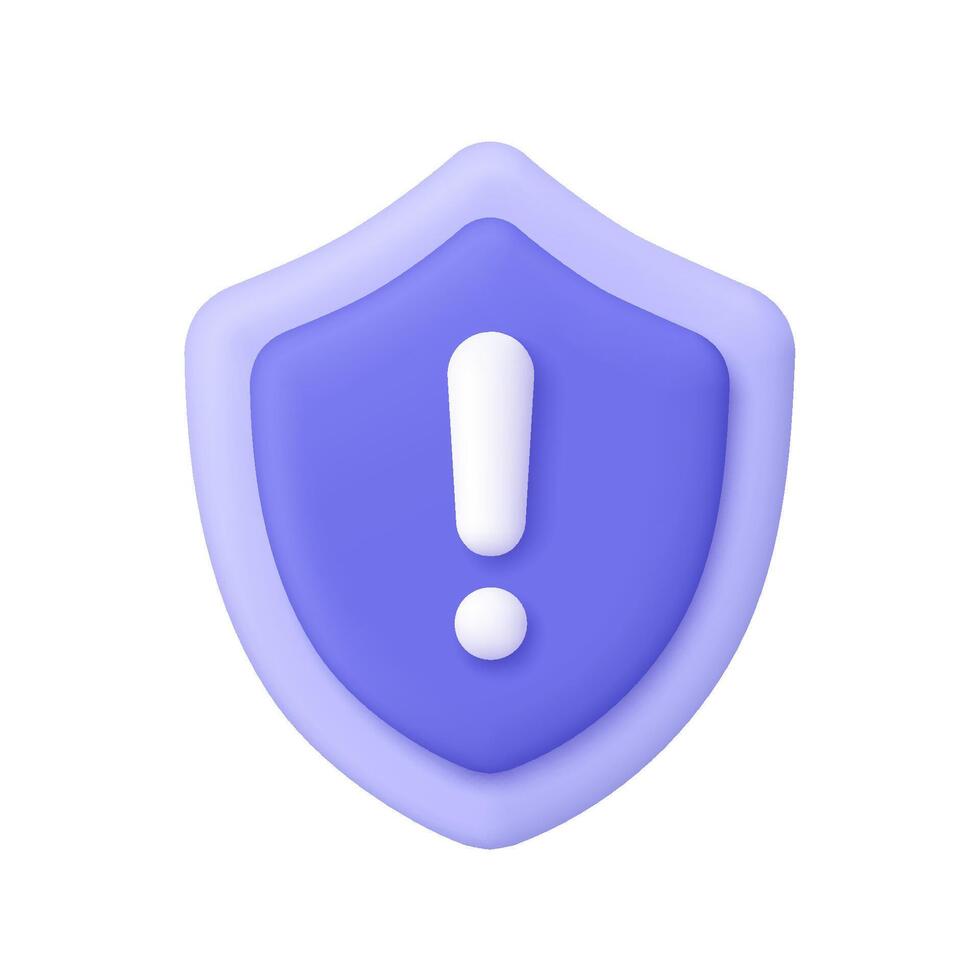 Purple security shield with exclamation mark. Cyber safety, security and protection, warning attention, error and risk concept. 3d icon. Cartoon minimal style. vector