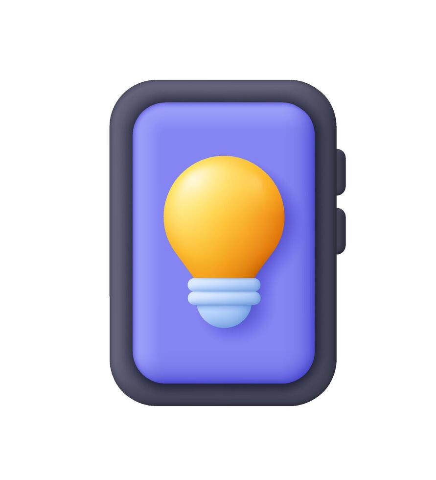 Smartphone with yellow light bulb on the screen. Idea, creativity, innovation, technology, brainstorming, smart home, mobile app and digital solution concept. 3d icon. Cartoon minimal style. vector