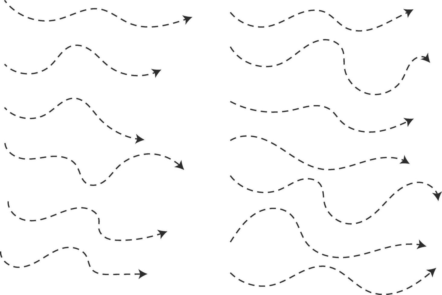 Dot line path arrow set. Curved Dashed line arrow. Wavy dotted line path Long squiggle arrow vector