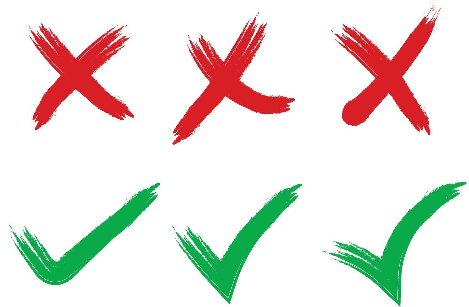 hand drawn check mark and cross mark icon set. Yes no sign. Approve and reject symbols. Green Tick and Red X Signs vector