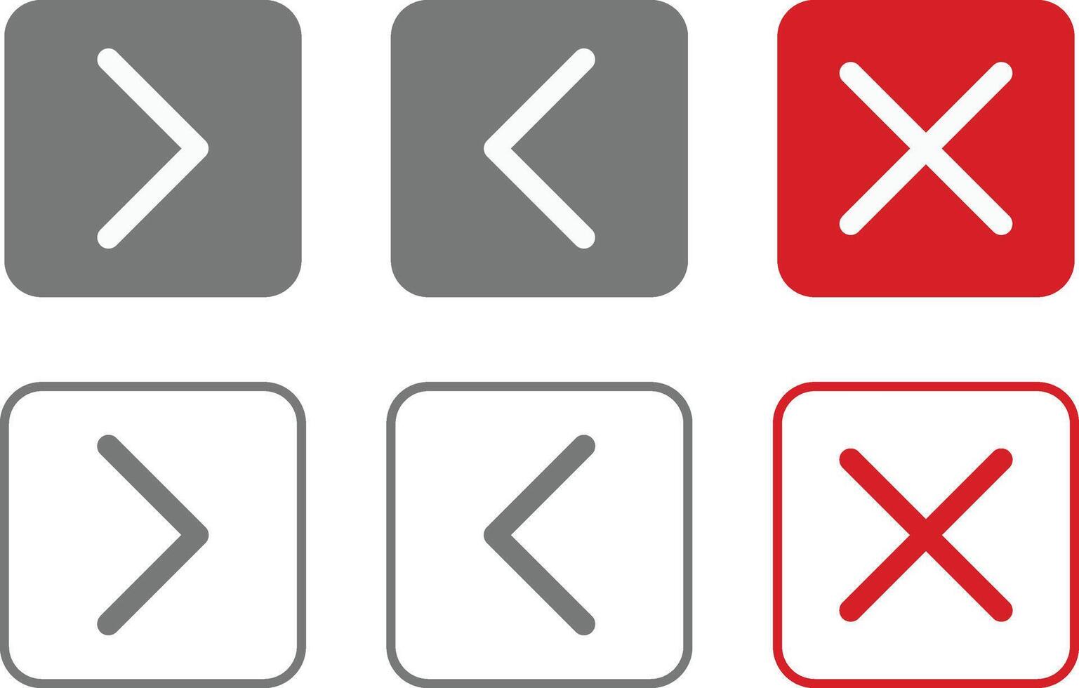 Previous next and close page button sets. Chevron lest, right symbol vector