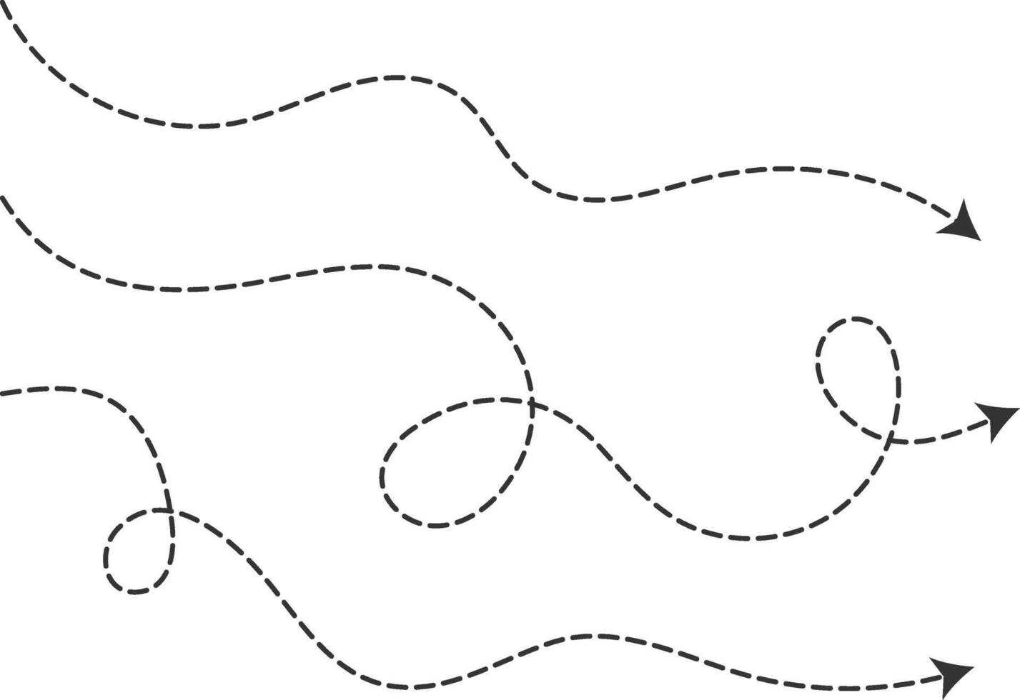 Dot line path arrow set. Curved Dashed line arrows. Wavy dotted line path Long squiggle arrow vector