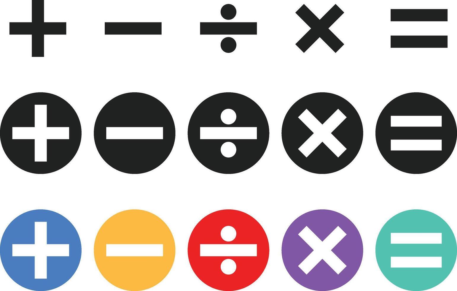mathematical symbol icons set. Plus, minus, Multiply, division sign. Calculator button symbols vector