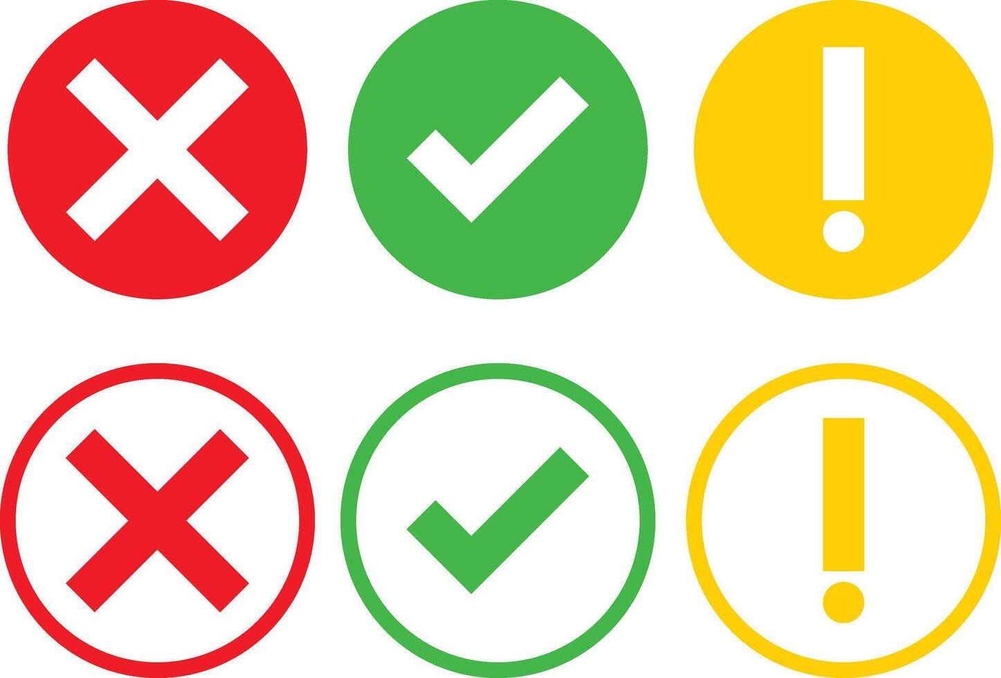 check mark, exclamation point, x or cross mark icon set. Approve, reject and warning symbol. right , wrong and warning signs vector