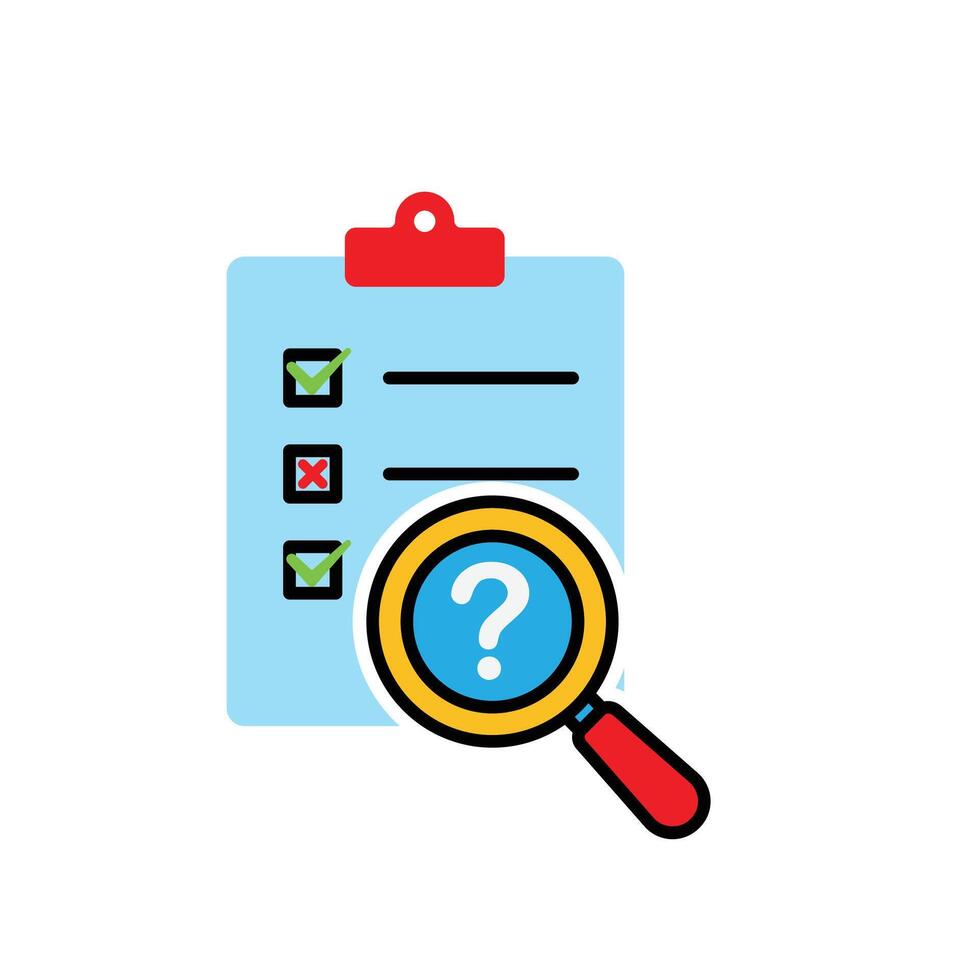 Evaluation icon. Management. Evaluation sheet with magnifying glass and question mark. manager, success. flat design style. vector
