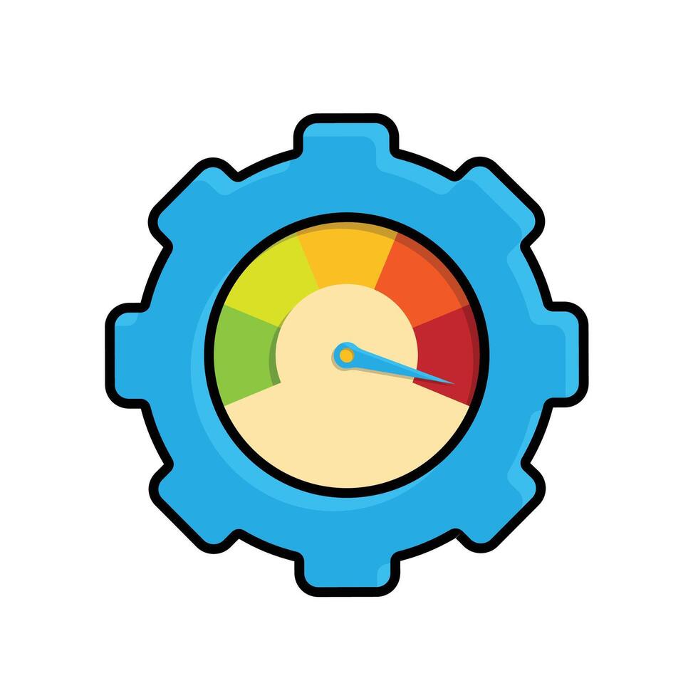 Performance icon. Management. Speedometer inside a gear with a maximum needle. manager, success. Isometric design style. vector