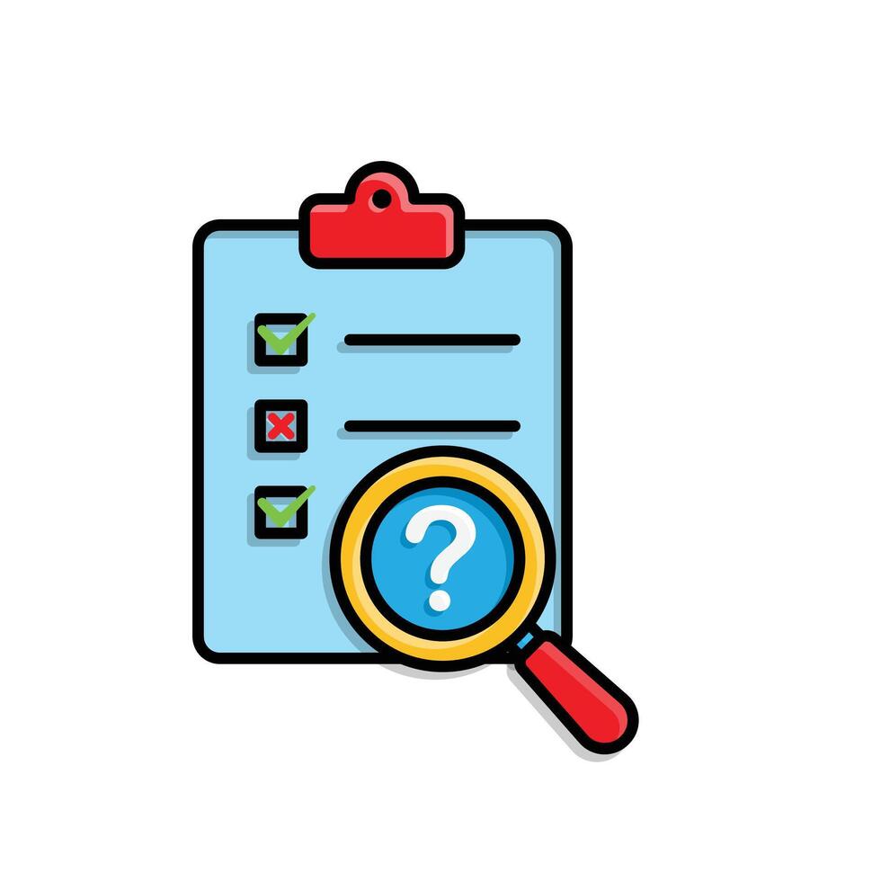 Evaluation icon. Management. Evaluation sheet with magnifying glass and question mark. manager, success. Isometric design style. vector