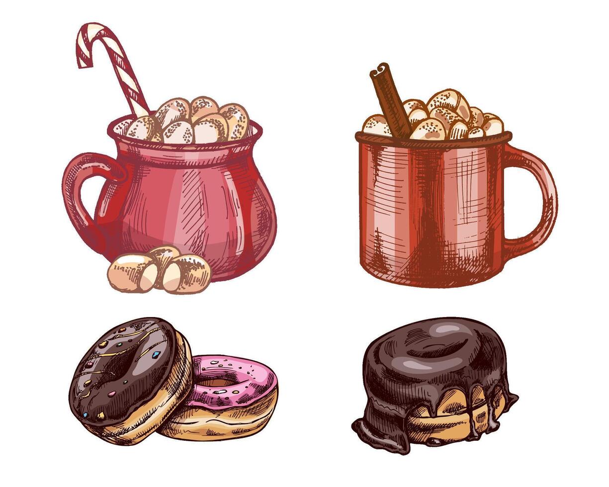 Hand drawn vintage sketch of hot cocoa mugs with marshmallows and assorted glazed donut pastry dessert set vector