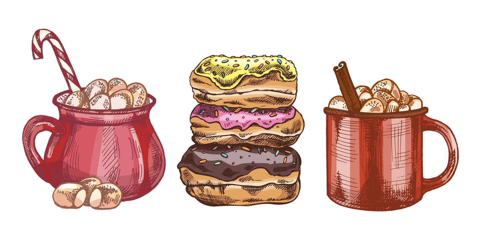Hand drawn vintage sketch of hot cocoa mugs with marshmallows and glazed donuts in colorful festive style vector