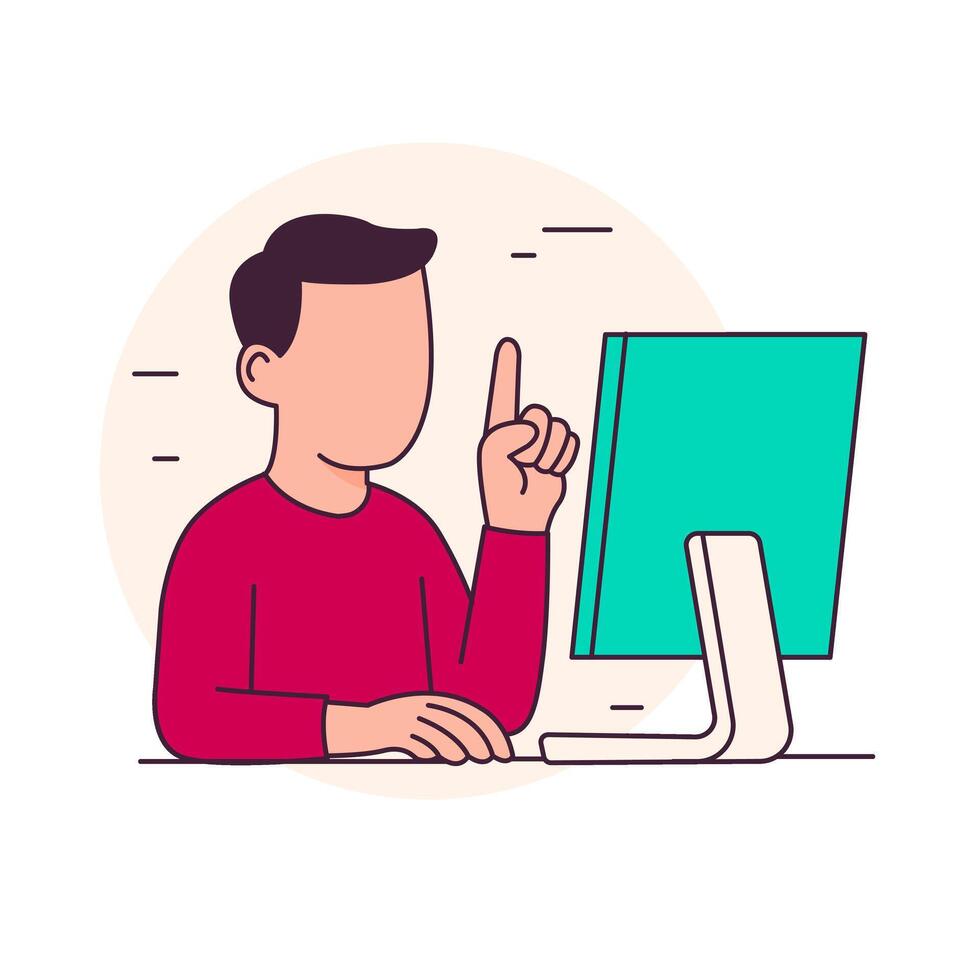 Man pointing up while working on computer. Idea or reminder concept. vector