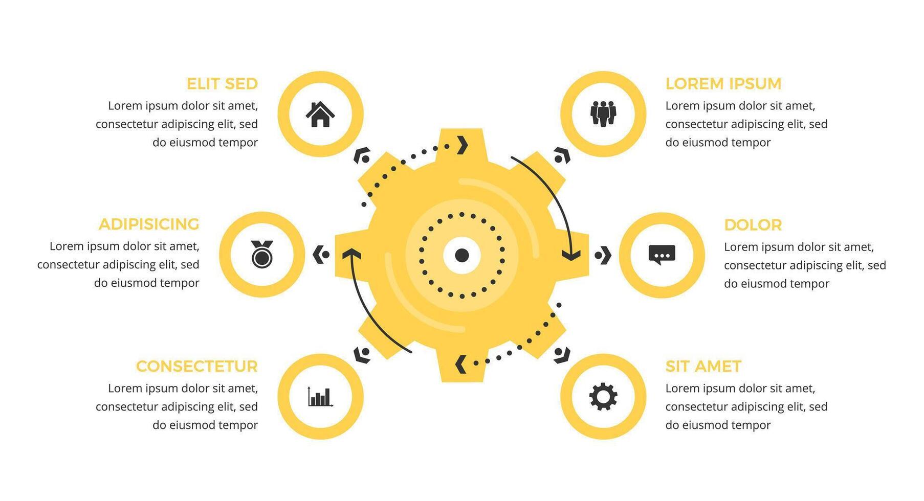 Infographic template with a yellow gear with six elements for icons and text vector