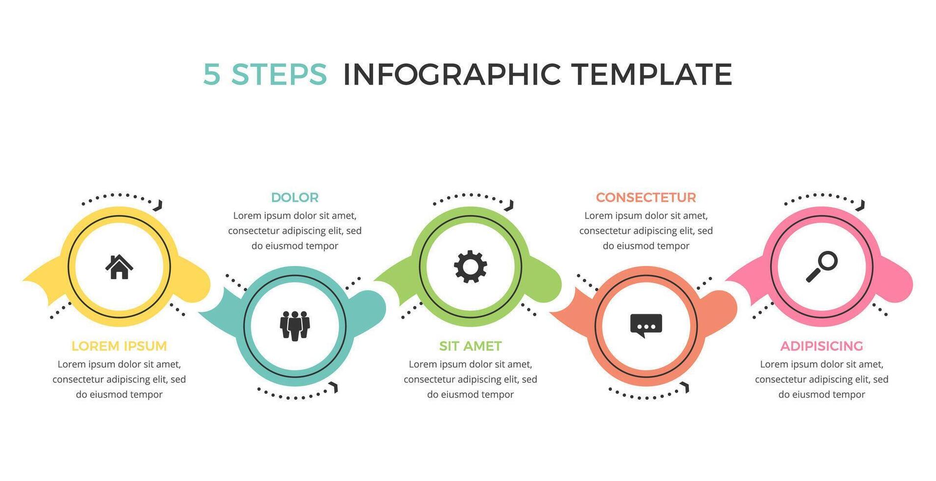 Row of five connected circles with icons and place for text, flat business infographic template vector
